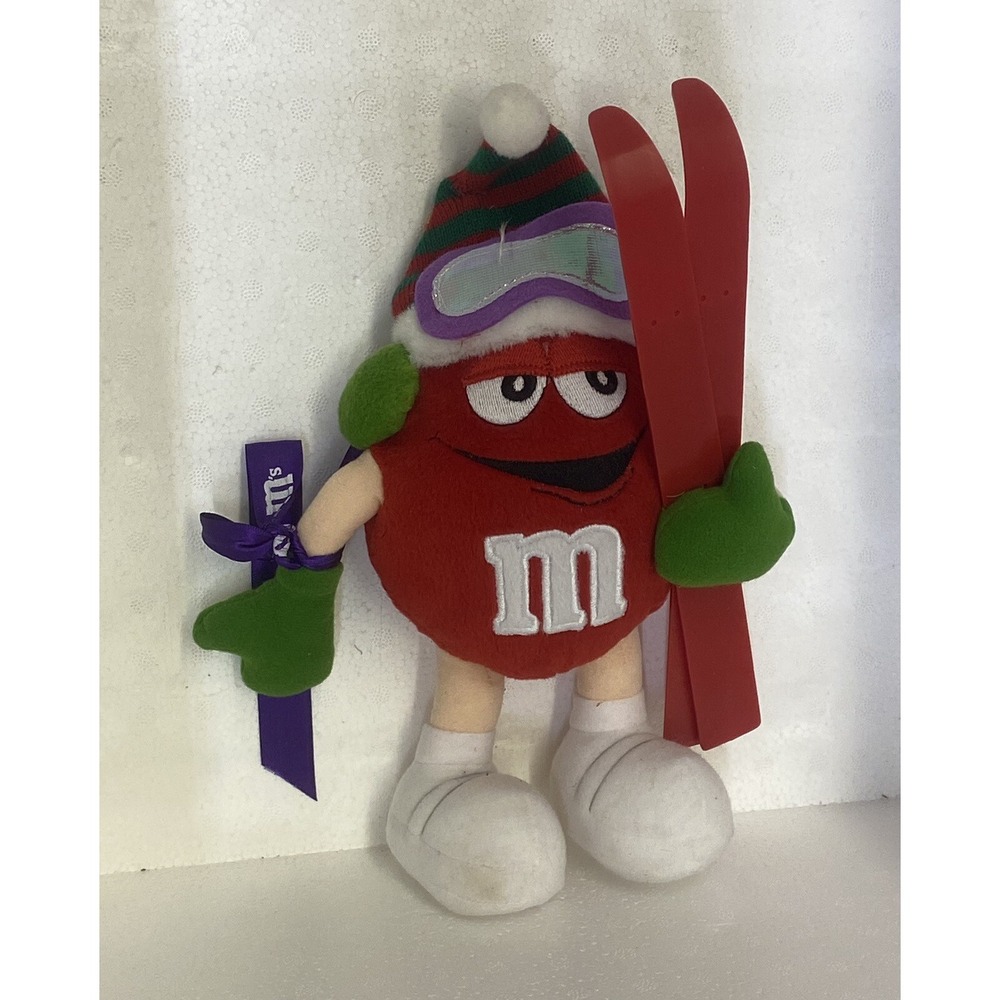 Vintage 2003 Galerie Red M&M Ski Bum 10" Plush Stuffed Doll W/ Skis & Hat